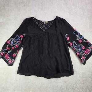 Figueroa Flower‎ Semi Sheer Tunic Blouse Size M Black Embroidered Boho Artsy